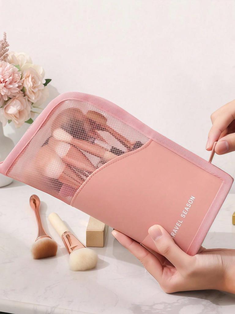 1pc Pink Makeup Brush Case With Zipper,Transparent Waterproof Travel Makeup Brush Holder ,Portable Makeup Brush Bag