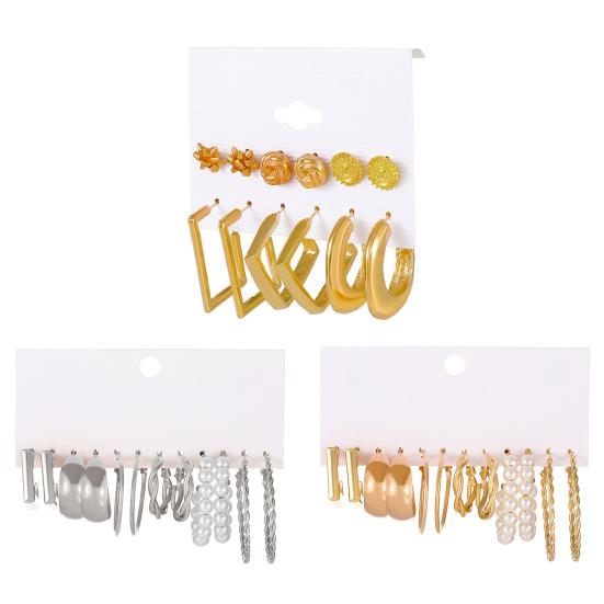 Yousheng 6 Pairs Women Hoop Earrings Simple Geometric C-shaped Twisted Faux Pearl Assorted Earrings Fashion Accessories Gift