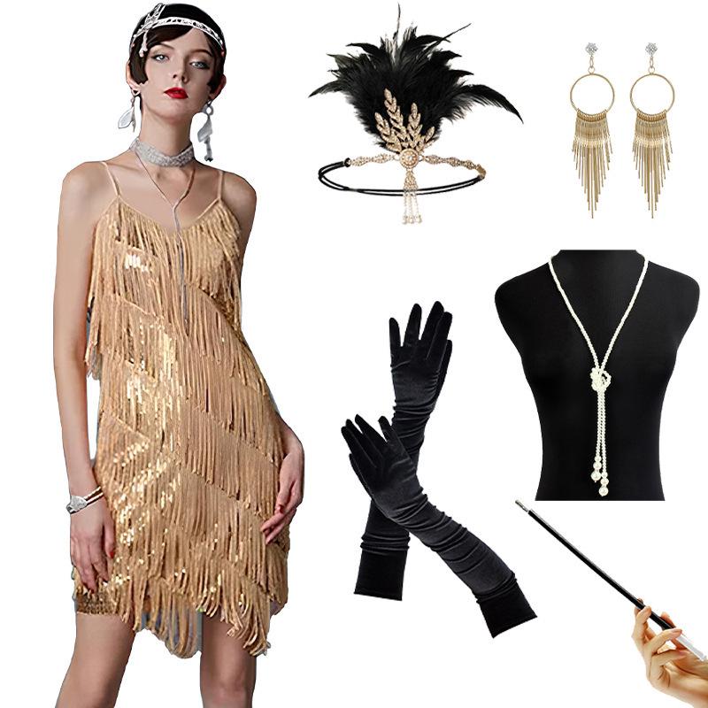 Gatsby 1920s Tassel V-Neck Spaghetti Strap Evening Gown: Retro Latin Dance & Cocktail Party Dress