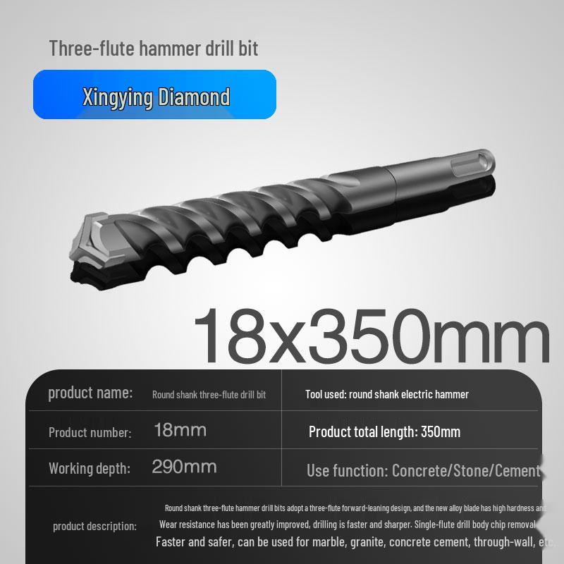 Three-Flute Round & Square Shank Drill Bit for Concrete, Cement, Rebar, Stone, Granite, Marble.