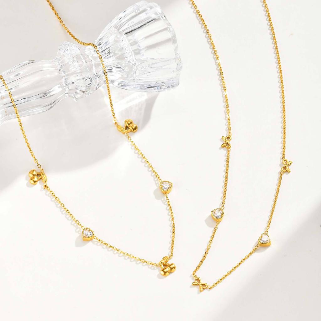 Wind Niche Sweet Girl Thin Chain Collarbone Chain Stainless Steel Diamond Cherry Bow Necklace Nc-2393