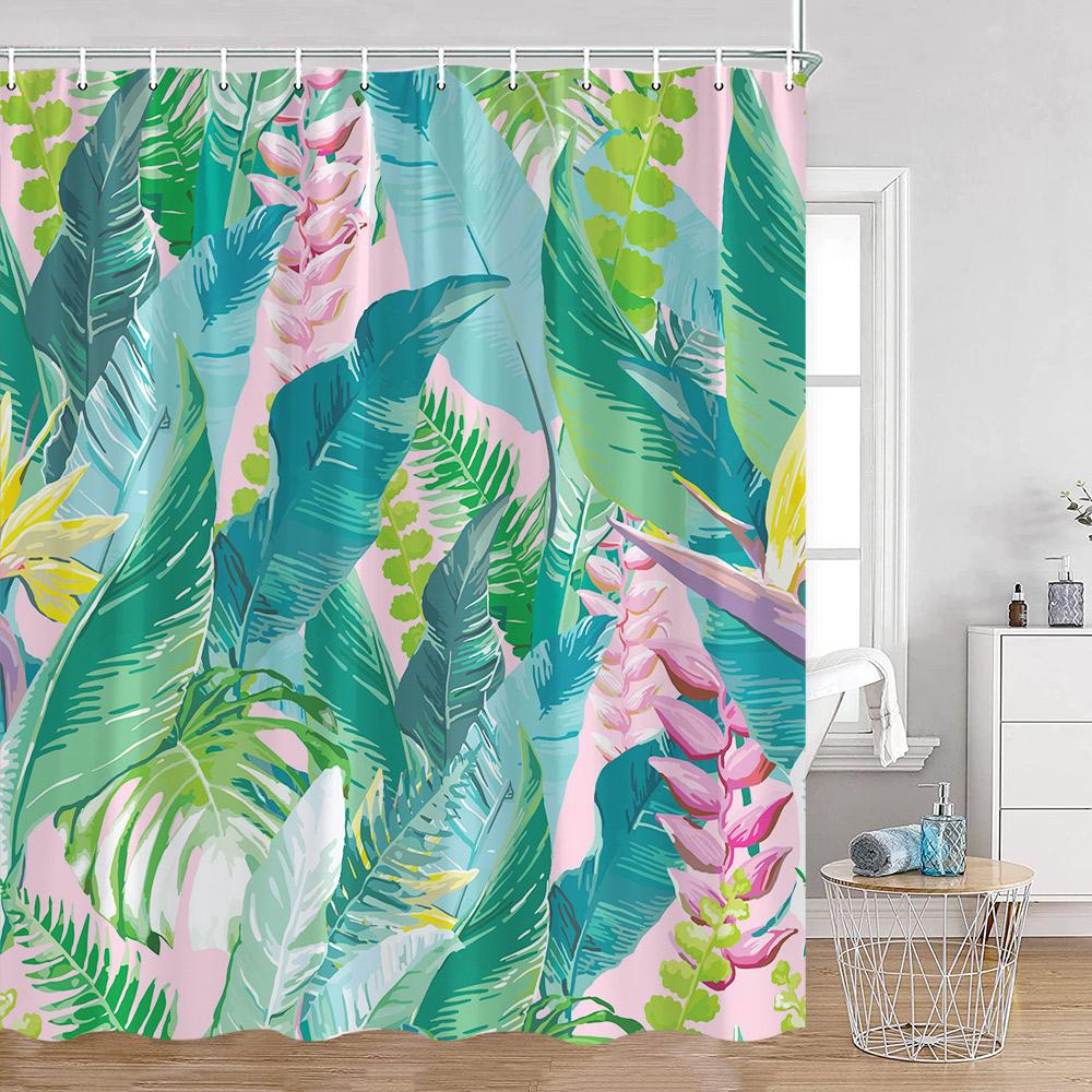 Green Leaves Shower Curtains Monstera Palm Leaf Green Plants Botanical Bathroom Curtain Greenery Bath Deorations with Hooks