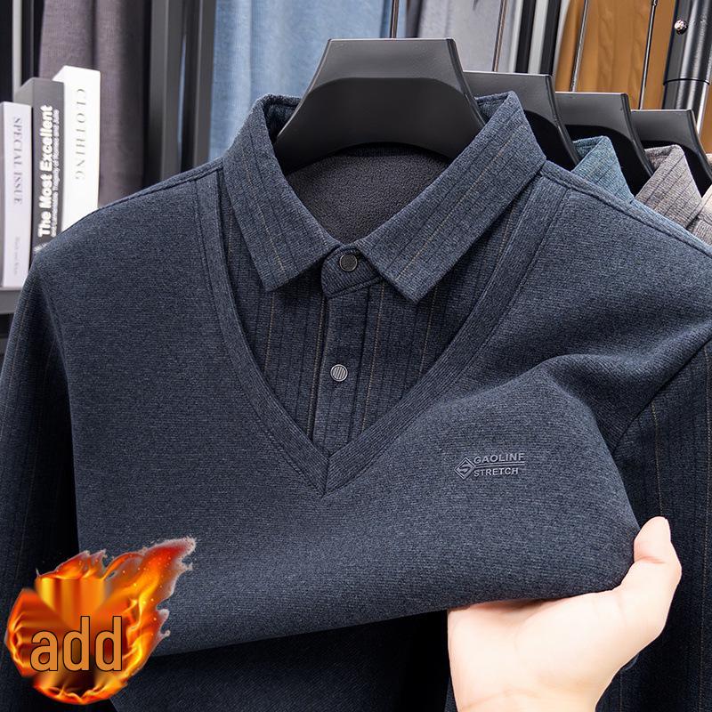 Men's Winter Turn-Down Collar Wool Sweater with Mulberry Silk & Velvet Lining - Warm Knitted Two-Piece Look