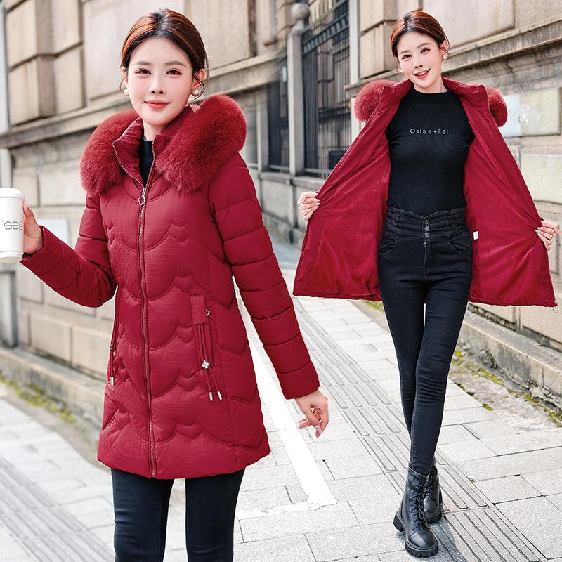 Medium and long down cotton-padded female slim-fitting and thin big fur collar down cotton-padded jacket