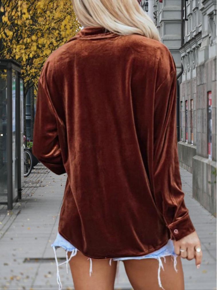 2025 Women's Velvet Turn-Down Collar Shirt - Solid Color, Versatile, European and American Style, Autumn/Winter Collection.