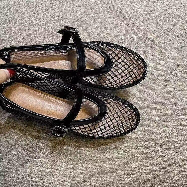 New ballet flats buckle belt mesh hollow breathable spring and summer large size round head fashion shoes