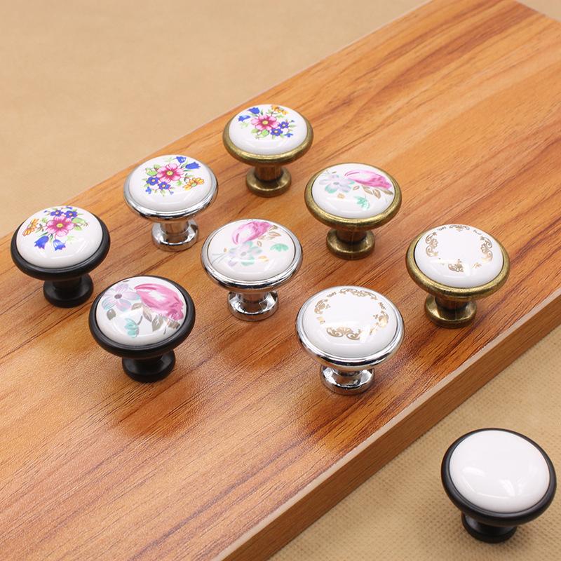 Single Hole Zinc Alloy + Ceramic Handle Painted Kitchen Vintage Door Drawer Handle Cabinet Pulls Knob with 25mm Screw