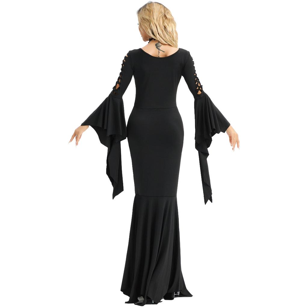 Vampire gothic witch cos costume, strap-on bat black witch dress, halloween costume