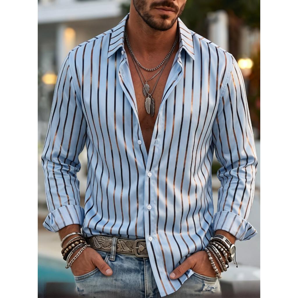 2026 New Style Men's Striped Long-Sleeved Shirt with Collar, Slim-Fitting Casual Shirt, Fashionable Cardigan Tops
