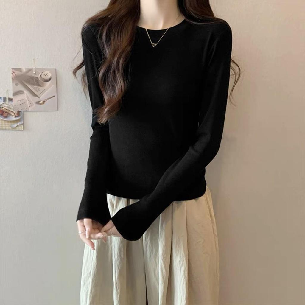 Burgundy Spicy Girl Long Sleeve Slimming T-Shirt for Women - Straight Shoulder, Autumn/Winter Style.