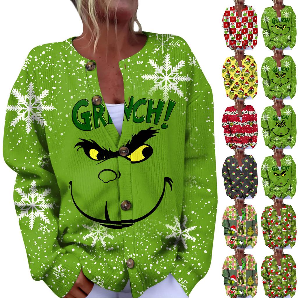 Women's Fashion Christmas Printed Long Sleeve Knitted Cardigan Button Down Jacket