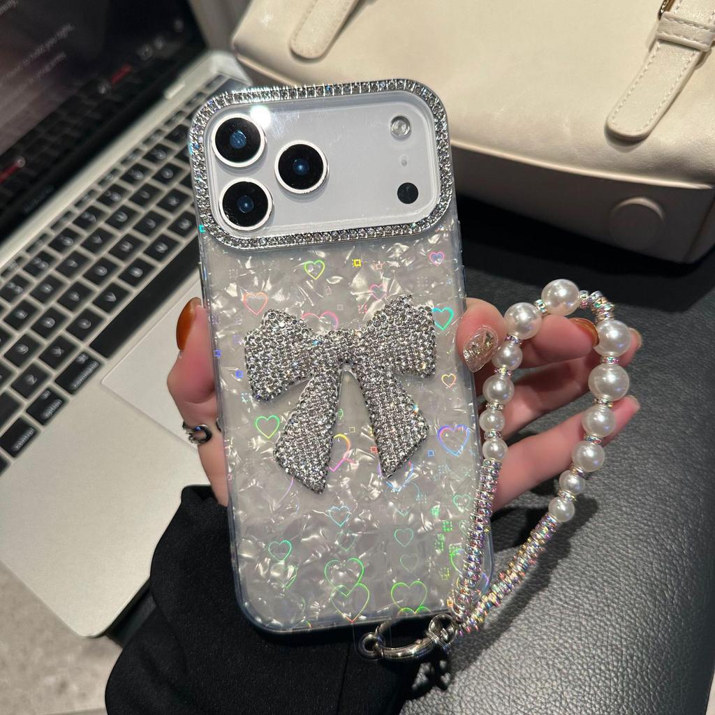iPhone 17 Heart Shell Rhinestone Bow Case, Soft Luxury Cover