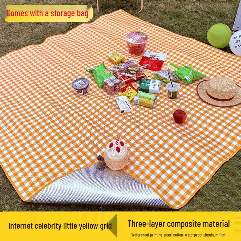Portable Waterproof Sandproof Picnic Mat - Thick Ins Style for Outdoor Use 1.6*2m Yellow Plaid [Seats 3-7]