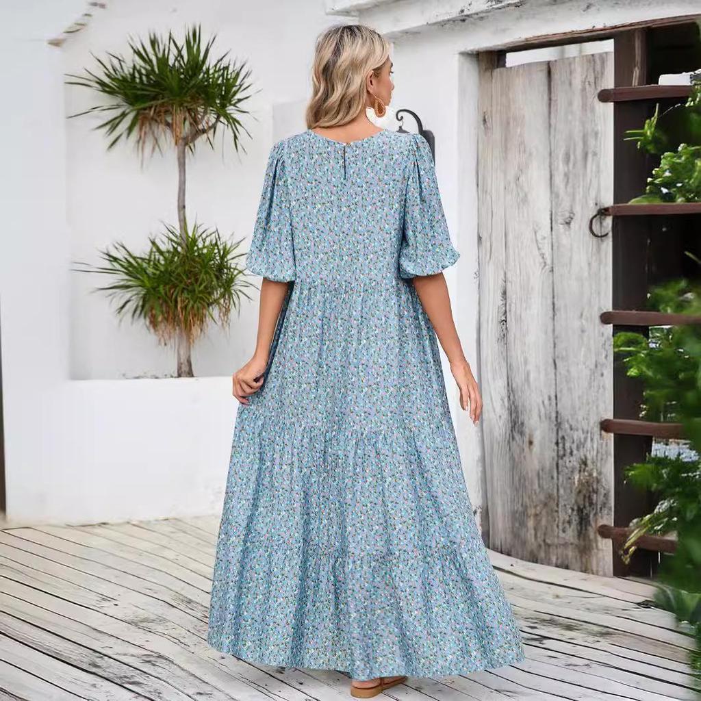 Retro Floral Short Sleeve Plus Size Round Neck Dress for Women