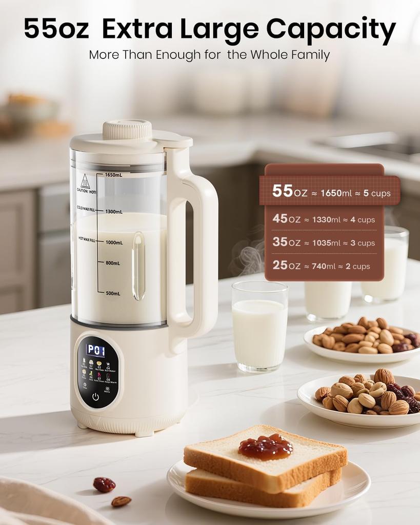 55oz Family-Size Nut Milk Maker, Almond/Oat/Soy/Cashew Milk, Juice & Smoothie, Auto Clean, Delay Start, Boil & Keep Warm