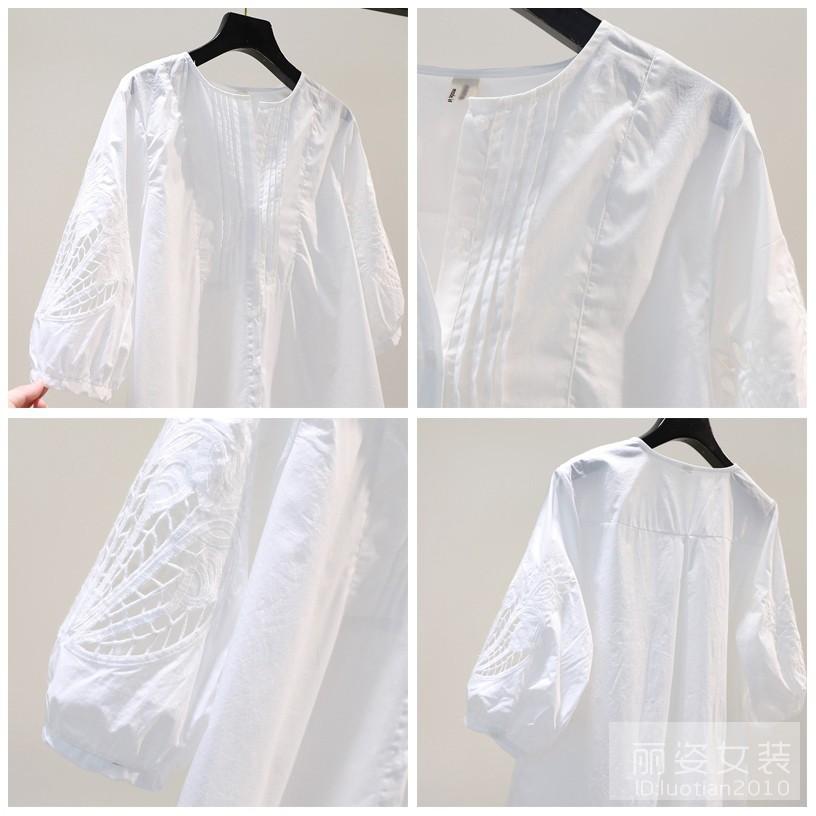 100% Cotton Embroidered Blouses Women Shirt Mid-sleeve Hollow Summer Top O-neck Loose Casual Button Up White Female Shirt