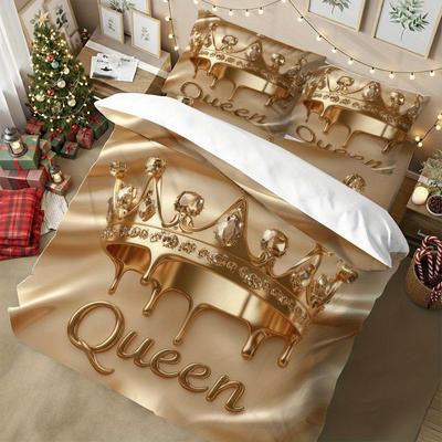 Lifesmell 2/3pcs Royal Golden Crown Pattern Duvet Cover Set Queen Bed Cover Set Luxury Bedding Set Gift Idea for Merry Christmas