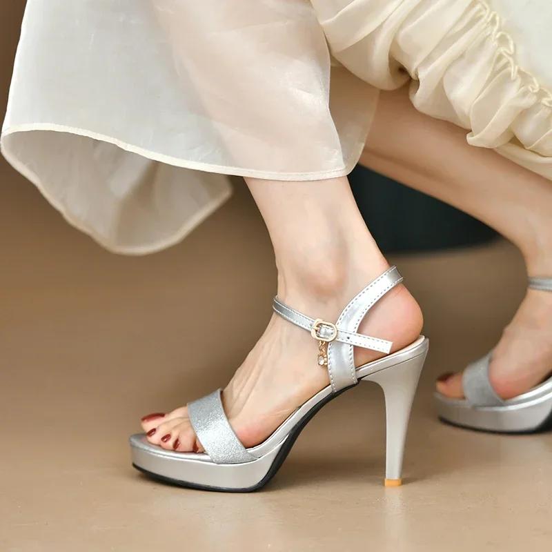 Gold Glitter High Heel Sandals for Women Summer 2024 Ankle Strap Platform Pumps Sexy Stiletto Heeled Party Shoes Zapatos Mujer
