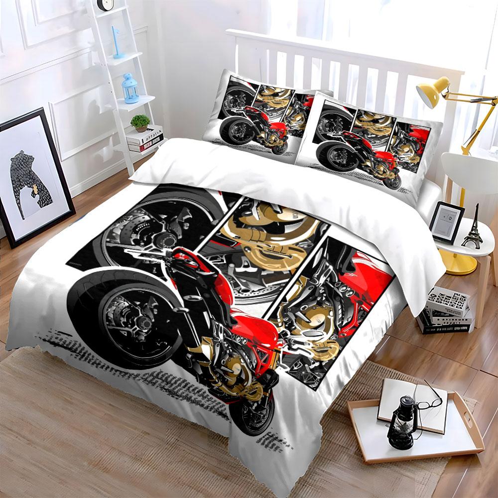 Rotes Sportmotorrad mit mechanischen Details Bettwäsche-Set für Kinder Luxuriöses Geschenk 3-teiliges Digitaldruck-Bettdecken-Set Weich Atmungsaktiv