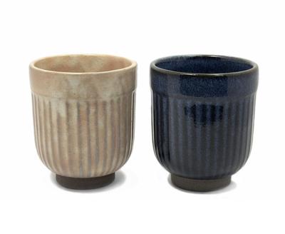 Aquanaut Mino Ware Indigo Blue, Cherry Blossom Pink Vertical Pattern Tea Cups Yunomi Set