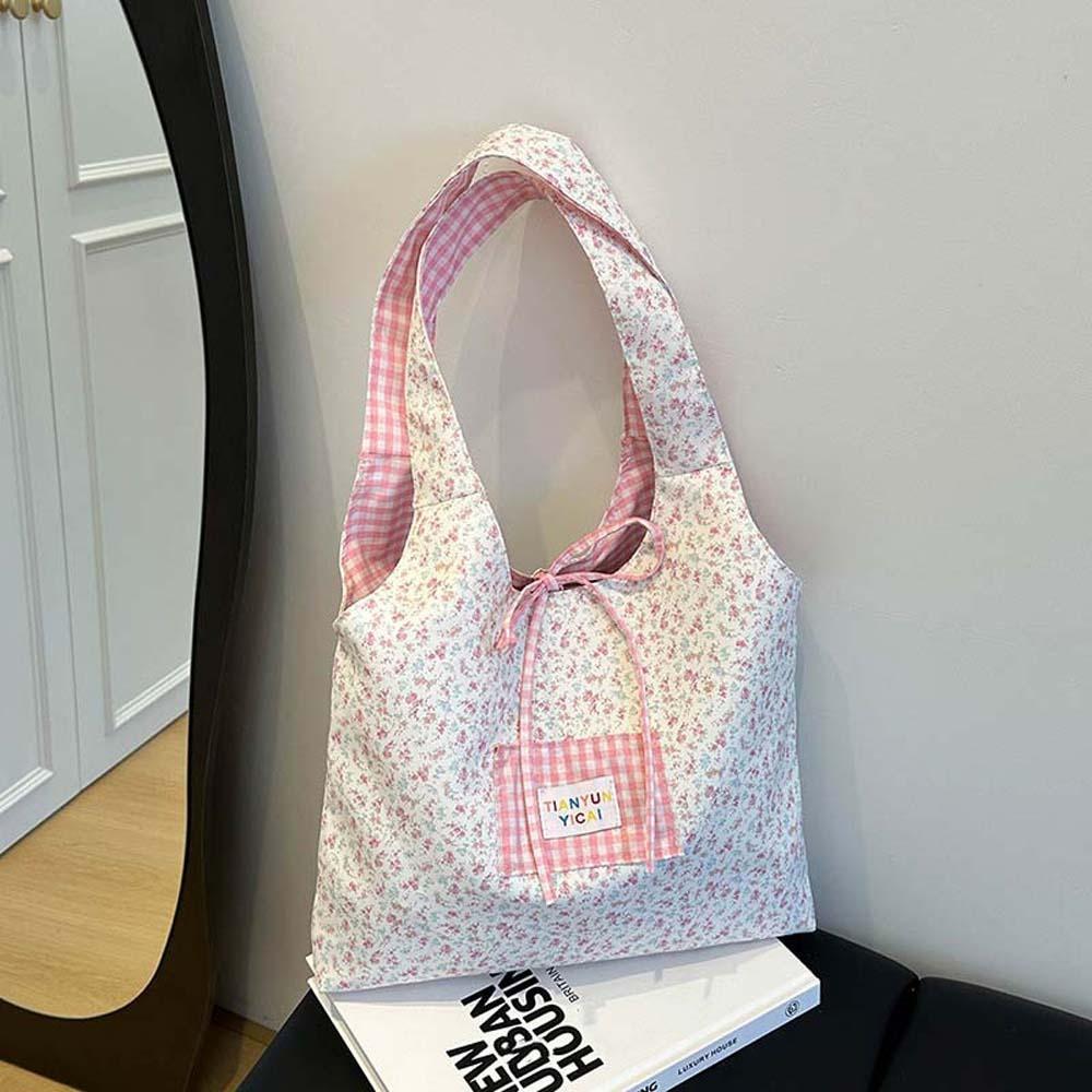 Contrast Color Double-sided Shoulder Pouch Lattice Tote Bag Casual Plaid Cloth Vest Pouch  Storage