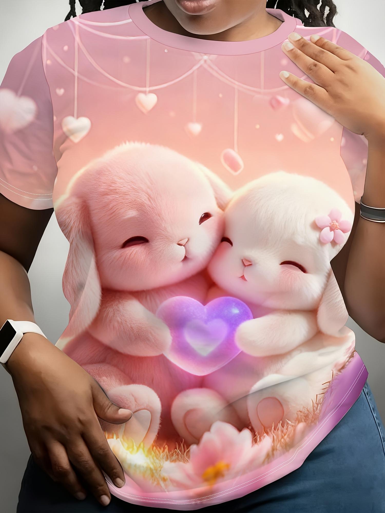 

Women s T-Shirt Cute Rabbit Holding Heart Print Romantic Soft Cute Style Round Neck Short Sleeve Soft and Comfortable Fabric Machine Washable Round Ne XL дубильна кора
