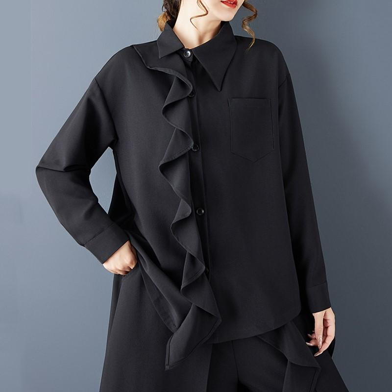 Long Sleeve Oversized Vintage Black Shirts & Blouses for Blouse Casual Loose Spring Autumn Crop Tops Women Button Up Shirt