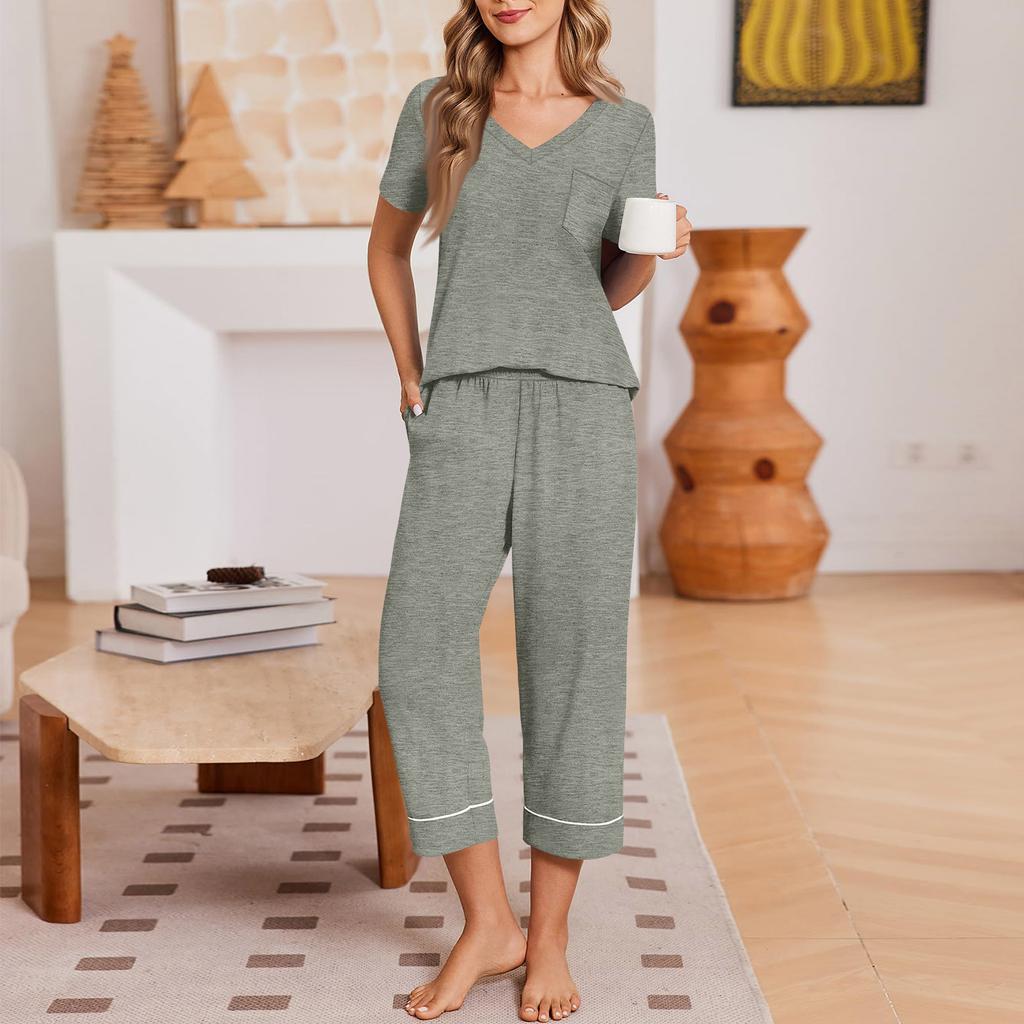 Women Casual Loose Fit Short Sleeve T Shirt and Capri Pants Loungewear Set Homewear Soft Fabric Comfortable Fit