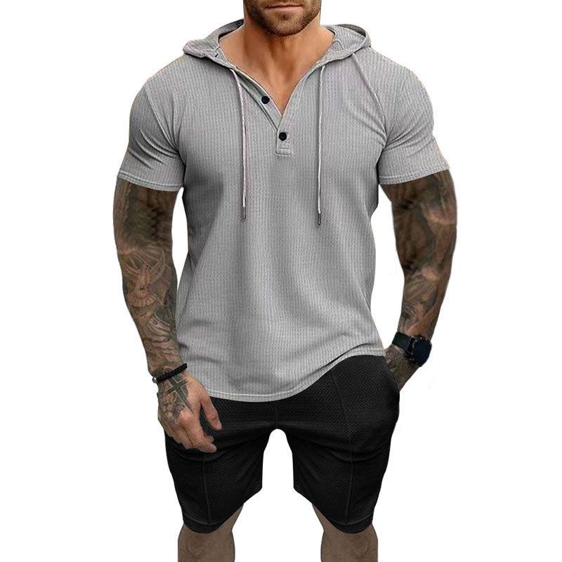 2025 Men's Summer Casual Set: Short Sleeve Henley T-shirt, Hooded Shirt & Shorts