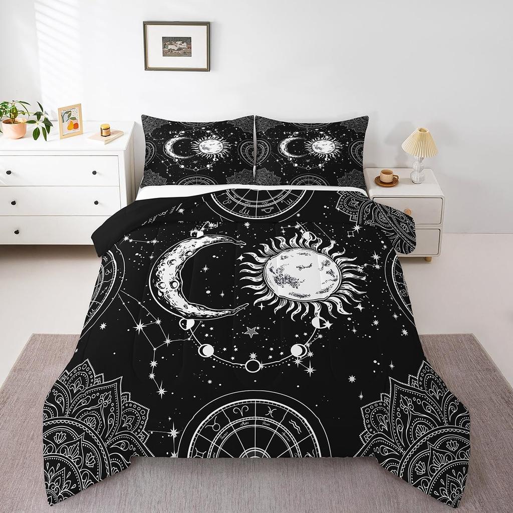 Sun and Moon Bedding Set Constellation Galaxy Comforter for Kids Boys Girls Teens Psychedelic Boho Mandala Comforter Breathable Celestial Du