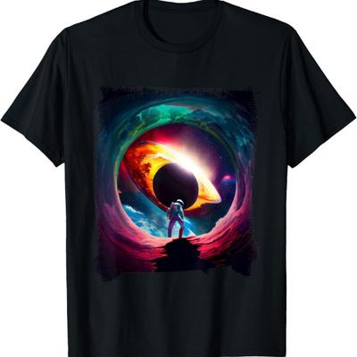 Vibrant Cosmic Astronaut Black Hole T-Shirt