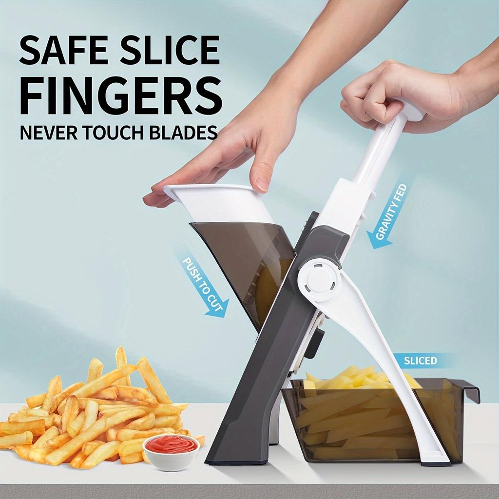 Mandolinskjærer, Sikker fingerdesign, Potet- og grønnsakshakker, Pommes frites-kutter, Justerbar tykkelse, Profesjonelt kjøkkenredskap, Grønn plast