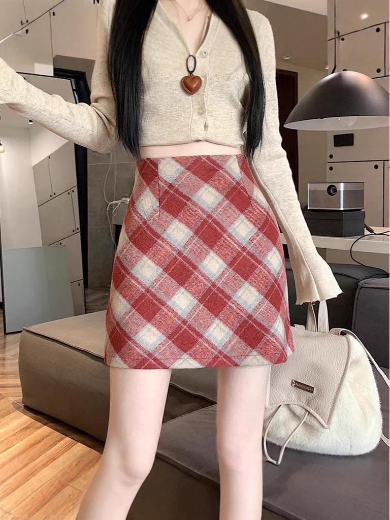 Korean Style Retro Plaid High-Waist Wool A-Line Skirt for Women - 2024 Autumn/Winter Collection