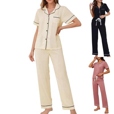 Pajamas Women's Solid Color Short Sleeves Long Pants Home Clothes Two-piece Set