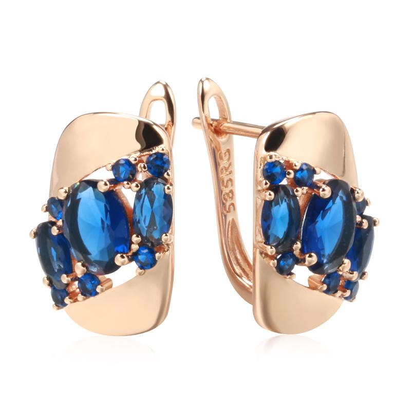 New Blue Natural Zircon Drop Earrings For Women Rose Gold Color Vintage Ethnic Bride Wedding Jewelry Party Accessories
