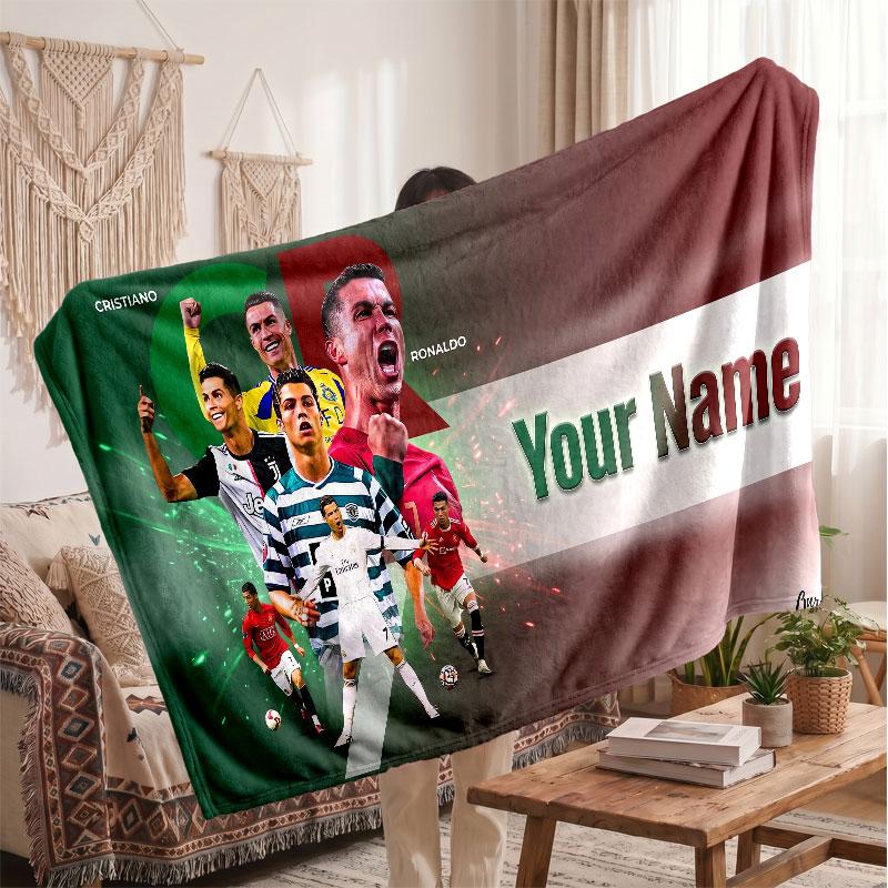 Coperta Personalizzata in Pile Cristiano Ronaldo con Logo Calcio, Testo Nome Personalizzato Morbida Calda Coperta da Divano per la Casa