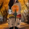 Novo no outono Desert Cactus Print Plus Size Vestido Feminino Gola O Mangas Compridas Vestidos Casuais com Bolso
