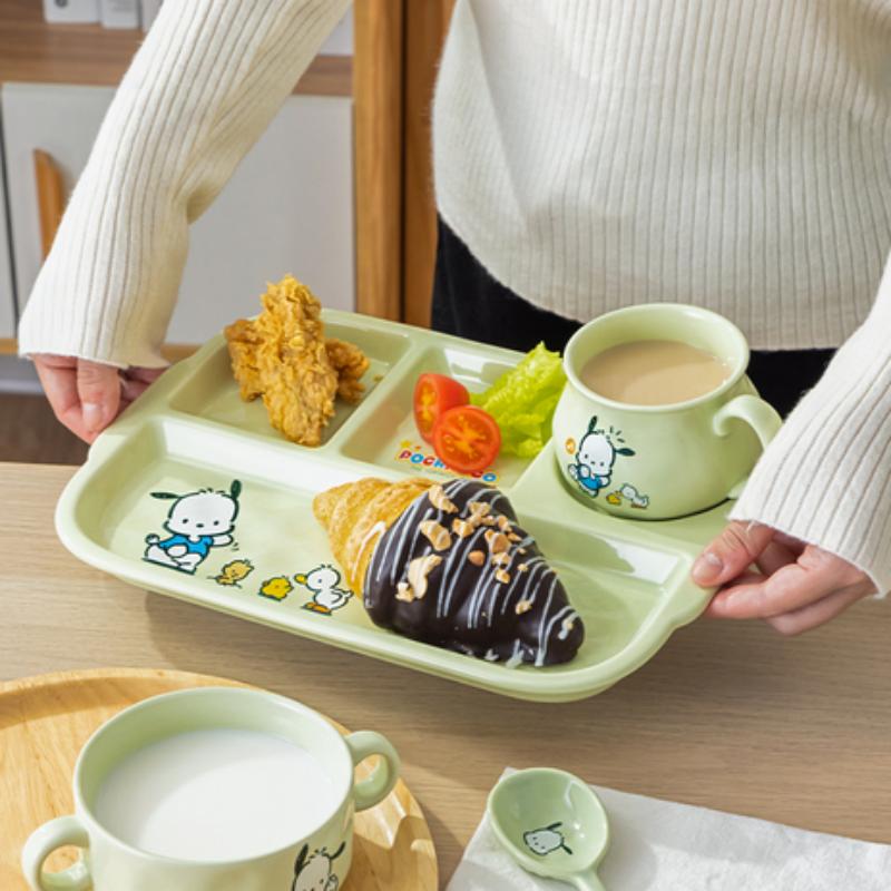 Für Sanrio Pochacco Keramik Kinder-Teller mit Fächern Runder unterteilter Speiseteller Cartoon Tasse Mikrowellenfestes Geschirr