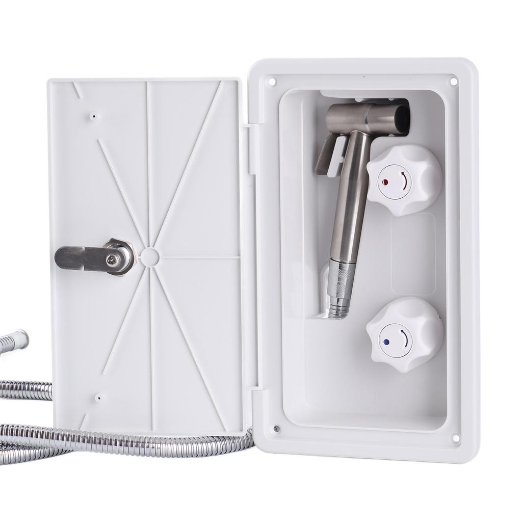 Wohnmobil Außen-Duschbox-Set Doppelventil Kalt Warm Doppelregler mit Metallschlauch Duschkopf Schloss Schlüssel