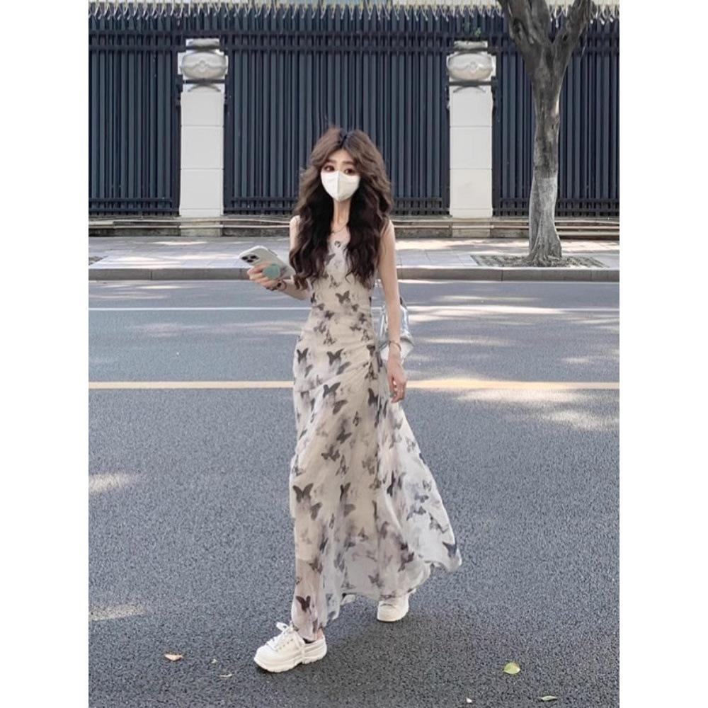 

Cool-Toned Ink Wash Floral Butterfly Pleated Summer Camisole Dress for Women Small