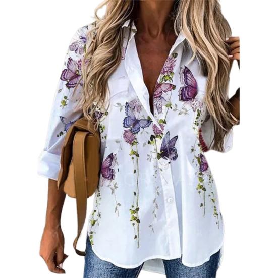 

Женская рубашка с принтом бабочки и отложным воротником, однобортный художественный весенний топ для повседневной носки M фиолетовый