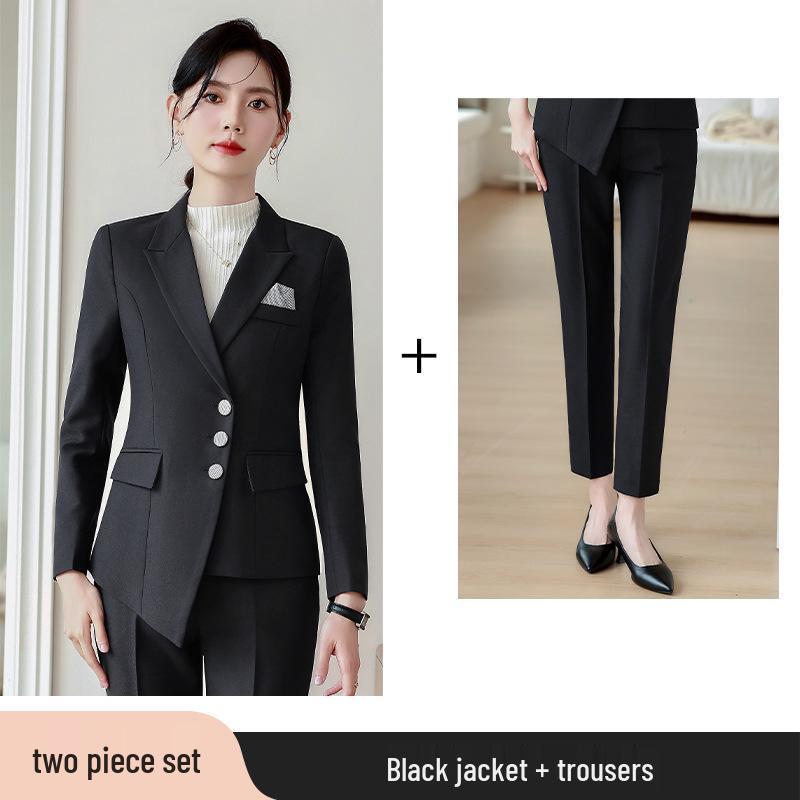 Women's Black Autumn Waist-Slimming Suit Jacket Workwear Set