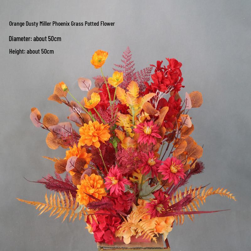 Herbstliche orange Seidenblumentöpfe für die Dekoration des Hochzeitsgangs