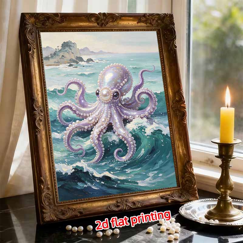 DIY Framed Pearl Painting Kit Ocean Octopus Pattern Sparkling Bead Canvas Art for Living Room Decoration Wall Decor Handcraft Home Display