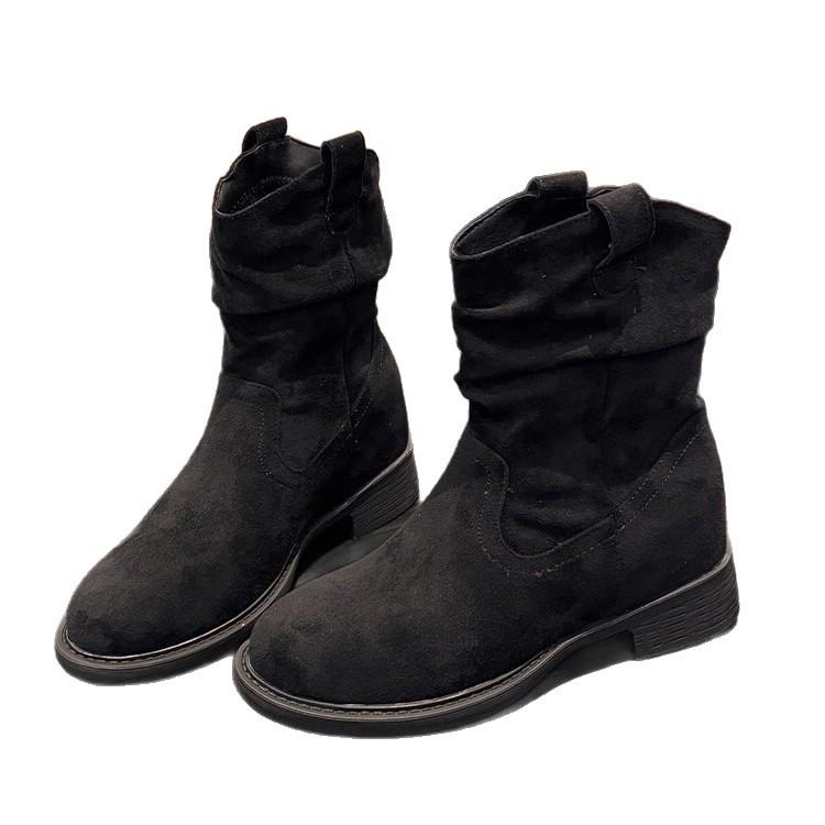 Retro round head short boots women's 2025 autumn new fashion versatile casual medium tube pleated western pile Martin boots