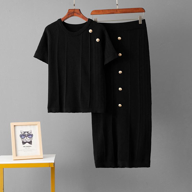 

Летний универсальный комплект с коротким рукавом: вязаный топ-футболка + юбка миди средней длины One Size чёрный