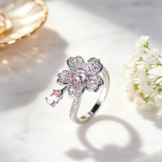 Light Luxury Flower Diamond Ring Five-petal Flower, Full of Diamonds, Pink Water Drop Pendant Ring