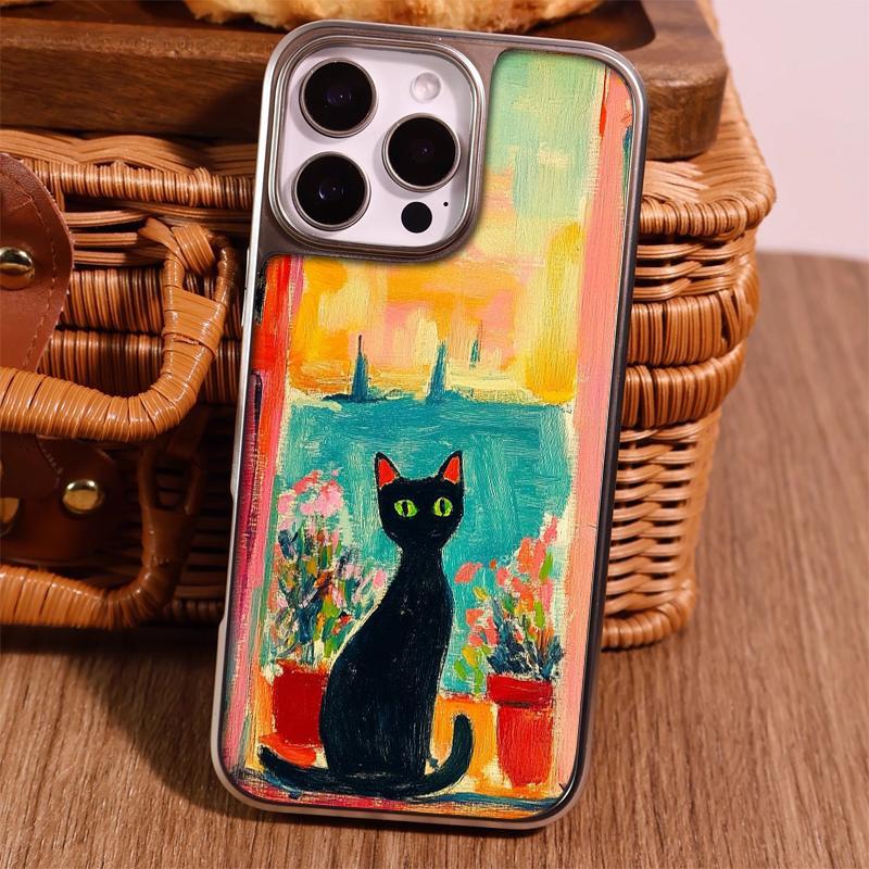 Oil painting sunset black cat for iPhone17promax mobile phone case 15 electroplating 16 matte PC13 art 14 sets