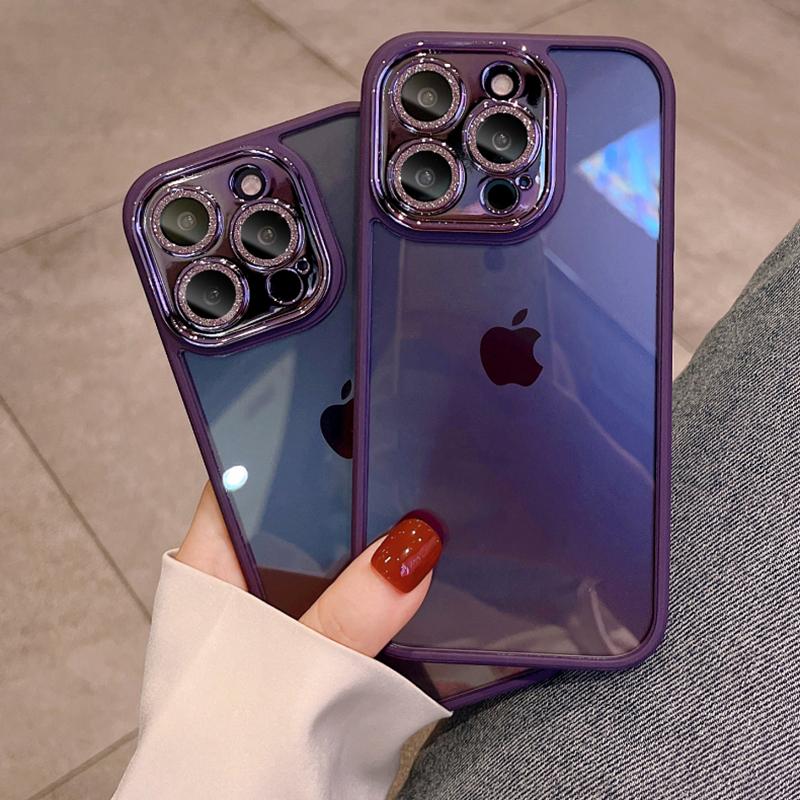 Luxury Armor Glitter Diamond Transparent Clear Hard Case for iPhone 15 14 Pro Max 13 12 11 Plating Camera Lens Protection Cover