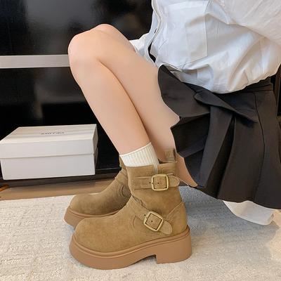 Britischer Stil Gürtelschnalle zeigt dünne plissierte Damen Stiefel mit dickem Absatz Ritterstiefel Herbst und Winter Französisch Europäisch und Amerikanisch erhöhend Mode Stiefel